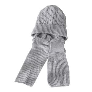 Womens Thick Warm Knitted Hat with Integrated Scarf Gray and White